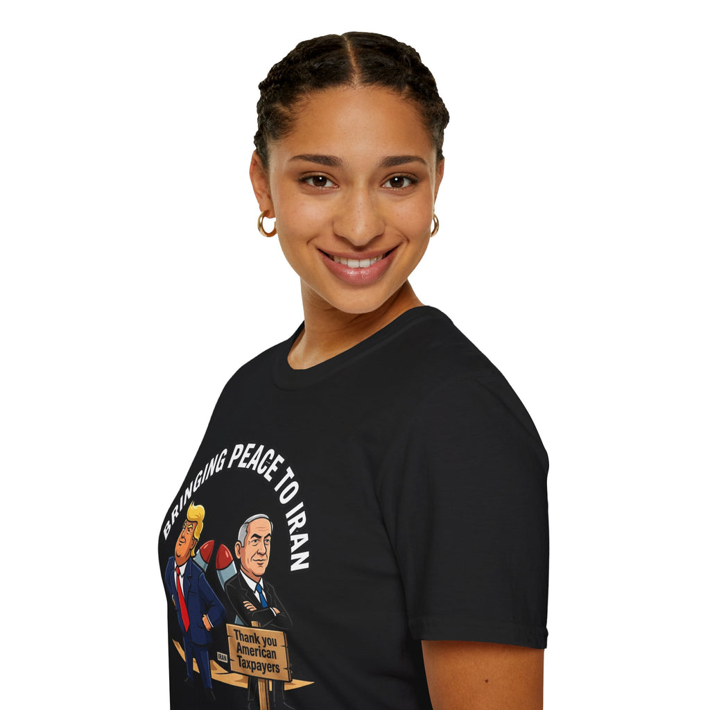 Trump T-Shirt Benjamin Netanyahu Iran War Satiric Mens Unisex Softstyle T-Shirt