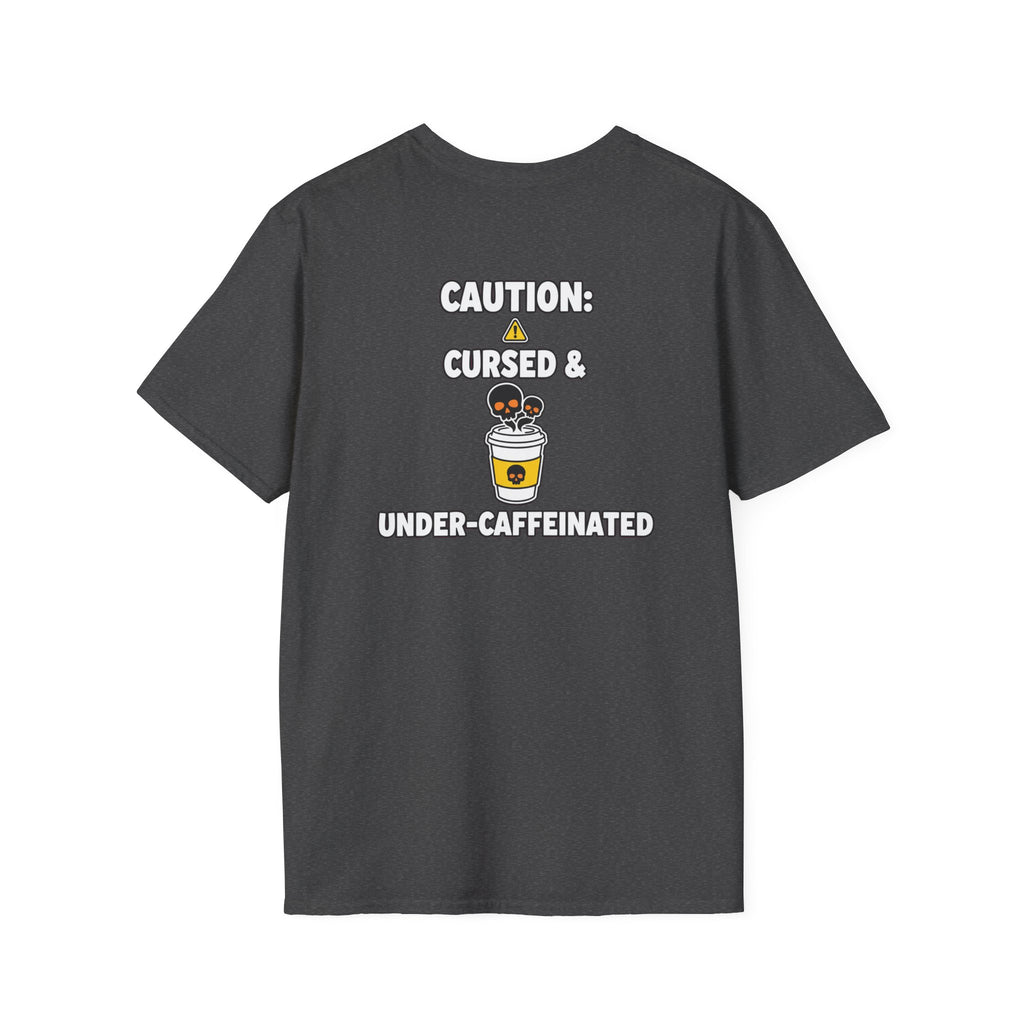 Dark Humor Halloween Shirt Caution Cursed And Under Caffeinated Funny Coffee Sarcastic Unisex Softstyle Tee Adult Halloween Gift