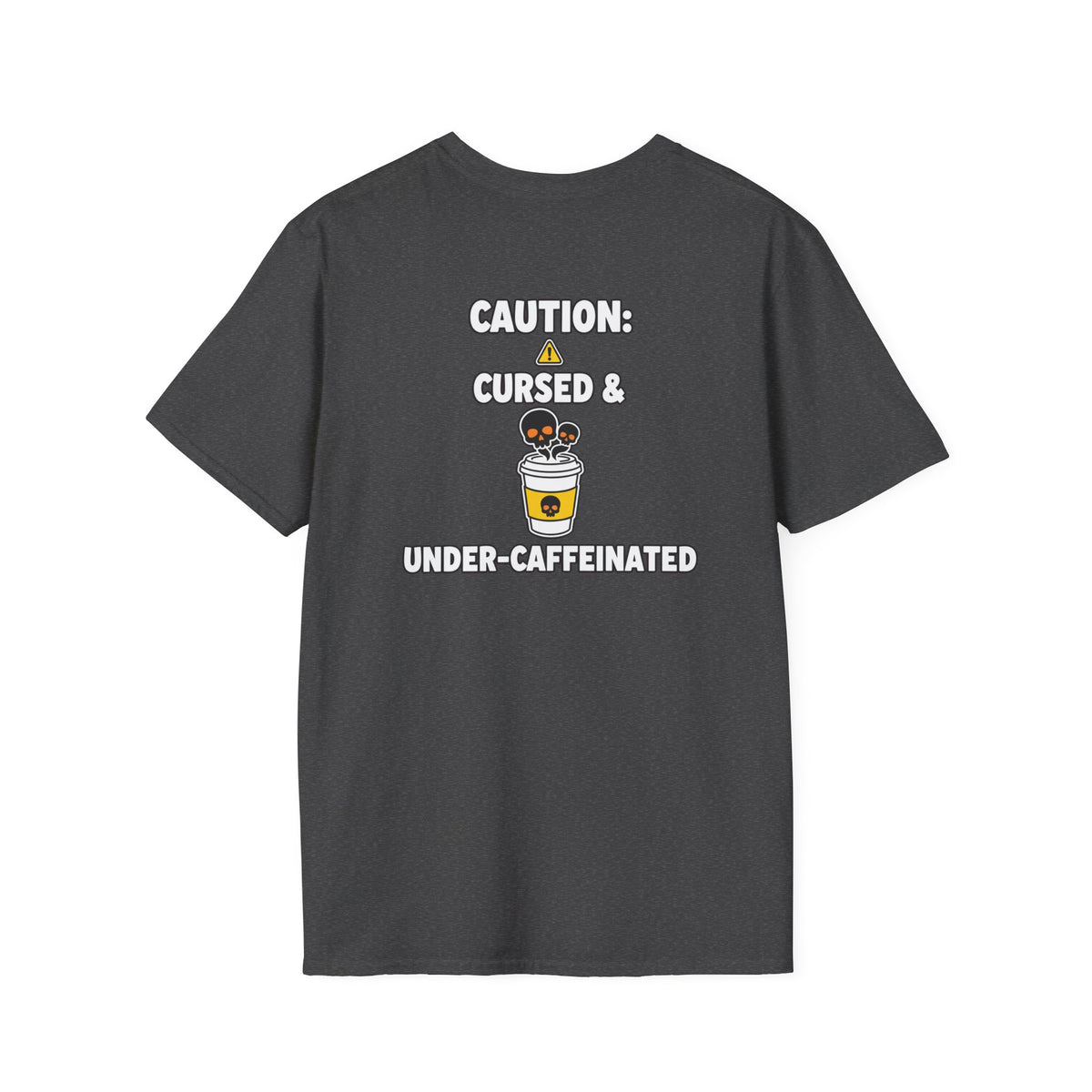 Dark Humor Halloween Shirt Caution Cursed And Under Caffeinated Funny Coffee Sarcastic Unisex Softstyle Tee Adult Halloween Gift