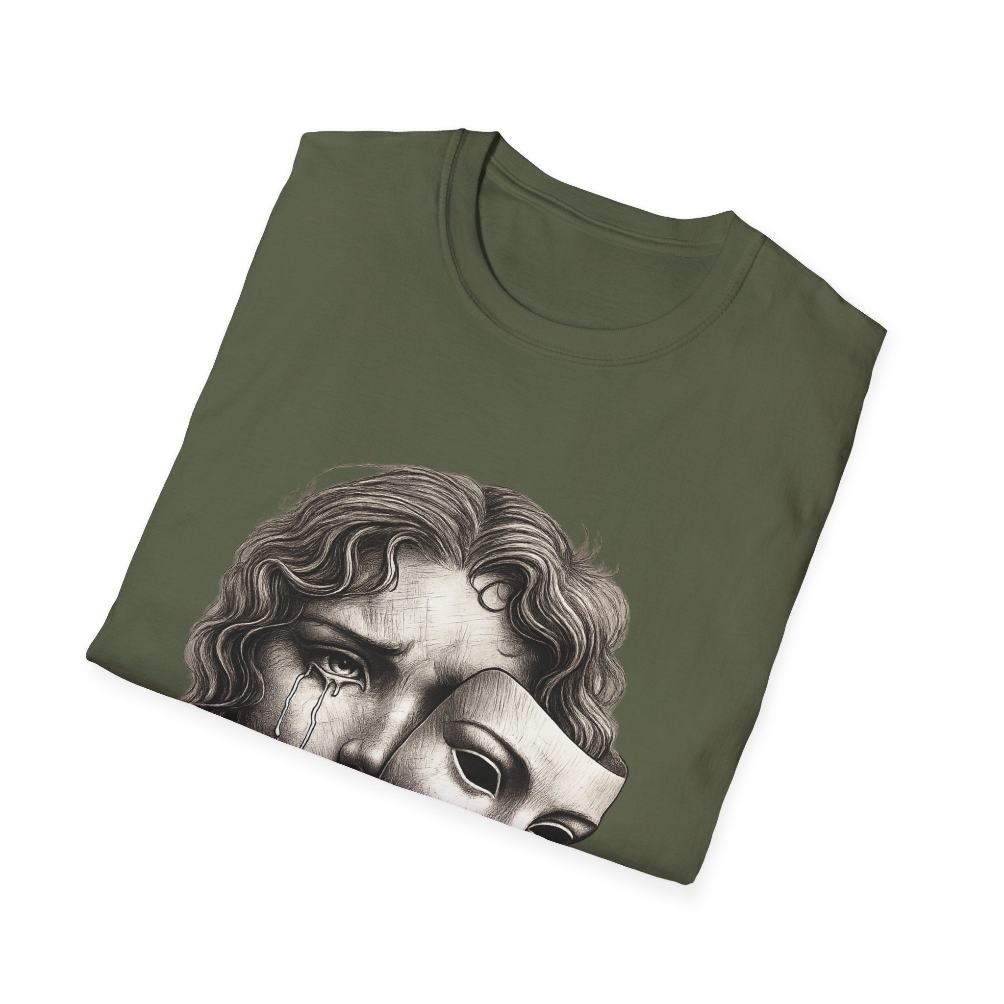 Crying Woman Mask Art T-Shirt | Hidden Emotions Sketch Graphic Tee Unisex Unisex Softstyle T-Shirt