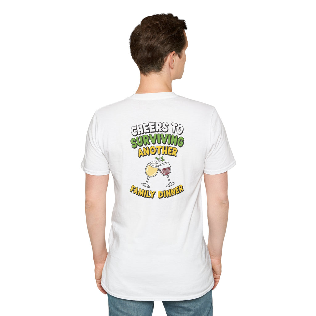 Dark Humor Christmas Shirt Cheers To Surviving Another Family Dinner Funny Sarcastic Unisex Softstyle Tee Adult Christmas Gift