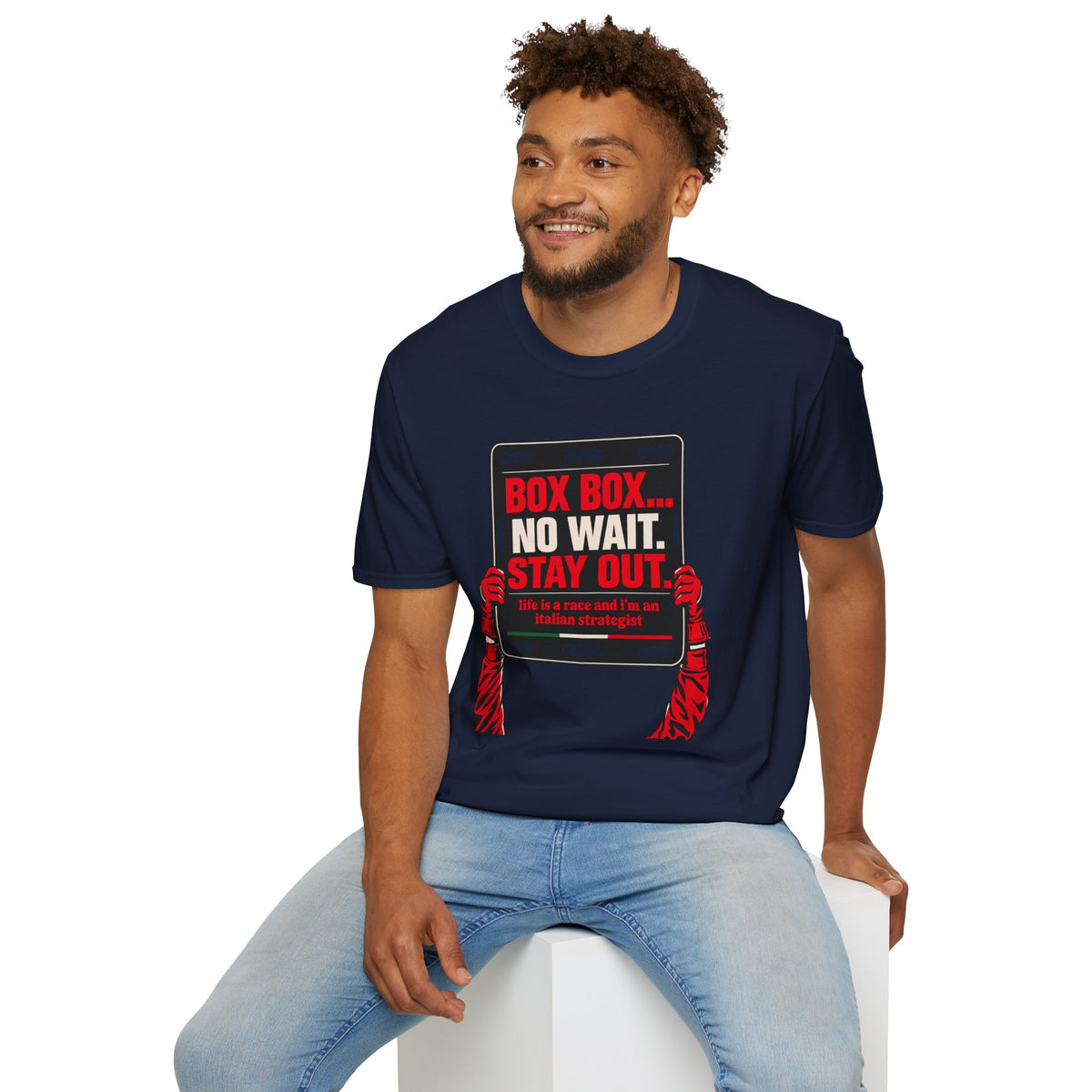 Funny Racing T-Shirt Box Box No Wait Stay Out Italian Strategist Motorsport Fan Shirt Unisex Softstyle Tee Race Day Gift