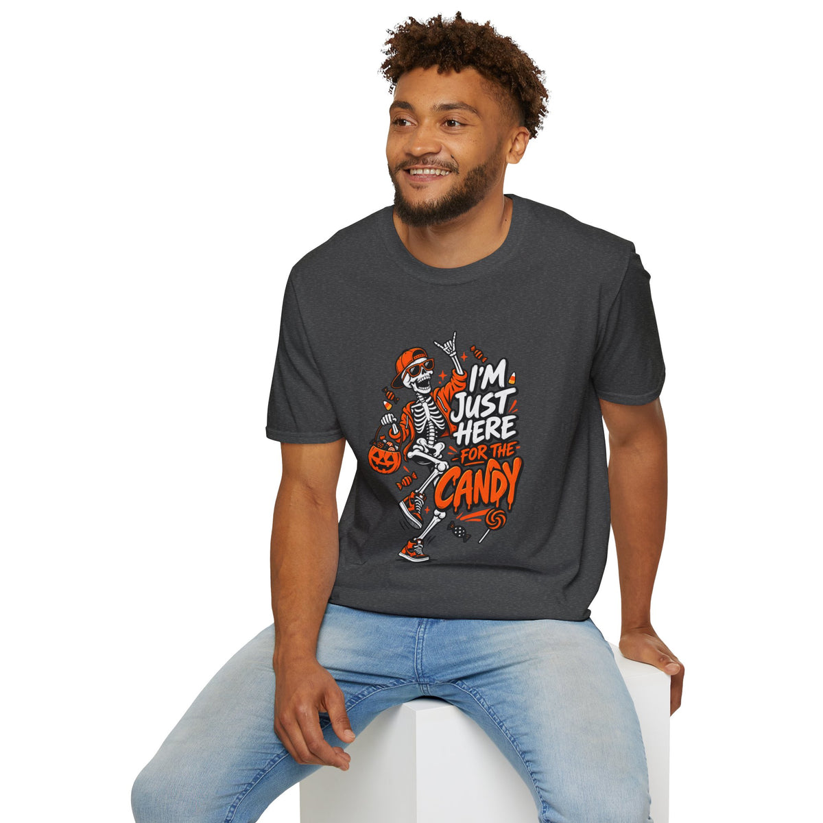 I'm Just Here for the Candy Shirt | Funny Dancing Skeleton Halloween Tee | Dark Humor Graphic T-Shirt