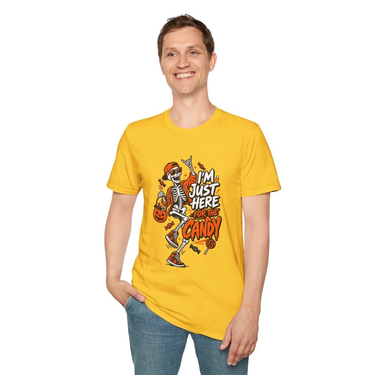 I'm Just Here for the Candy Shirt | Funny Dancing Skeleton Halloween Tee | Dark Humor Graphic T-Shirt