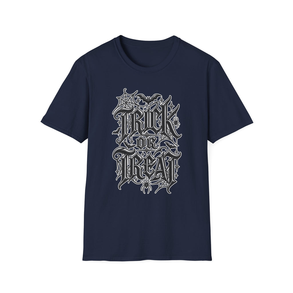 Funny Trick or Treat Gothic Blackletter Shirt | Edgy Spider Web Typography Tee | Minimalist Halloween T-Shirt