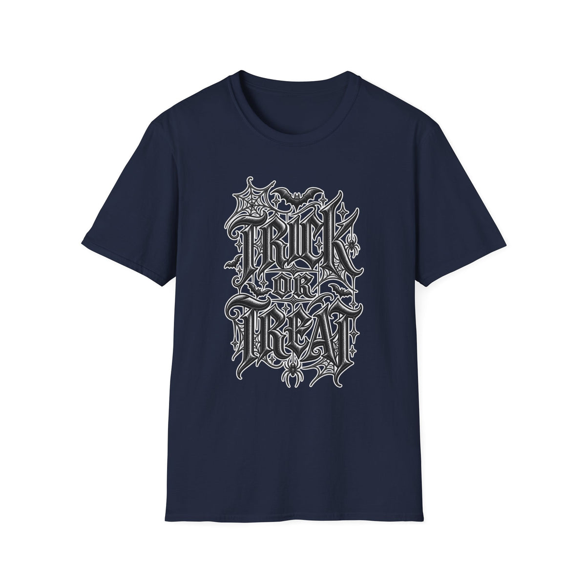 Funny Trick or Treat Gothic Blackletter Shirt | Edgy Spider Web Typography Tee | Minimalist Halloween T-Shirt
