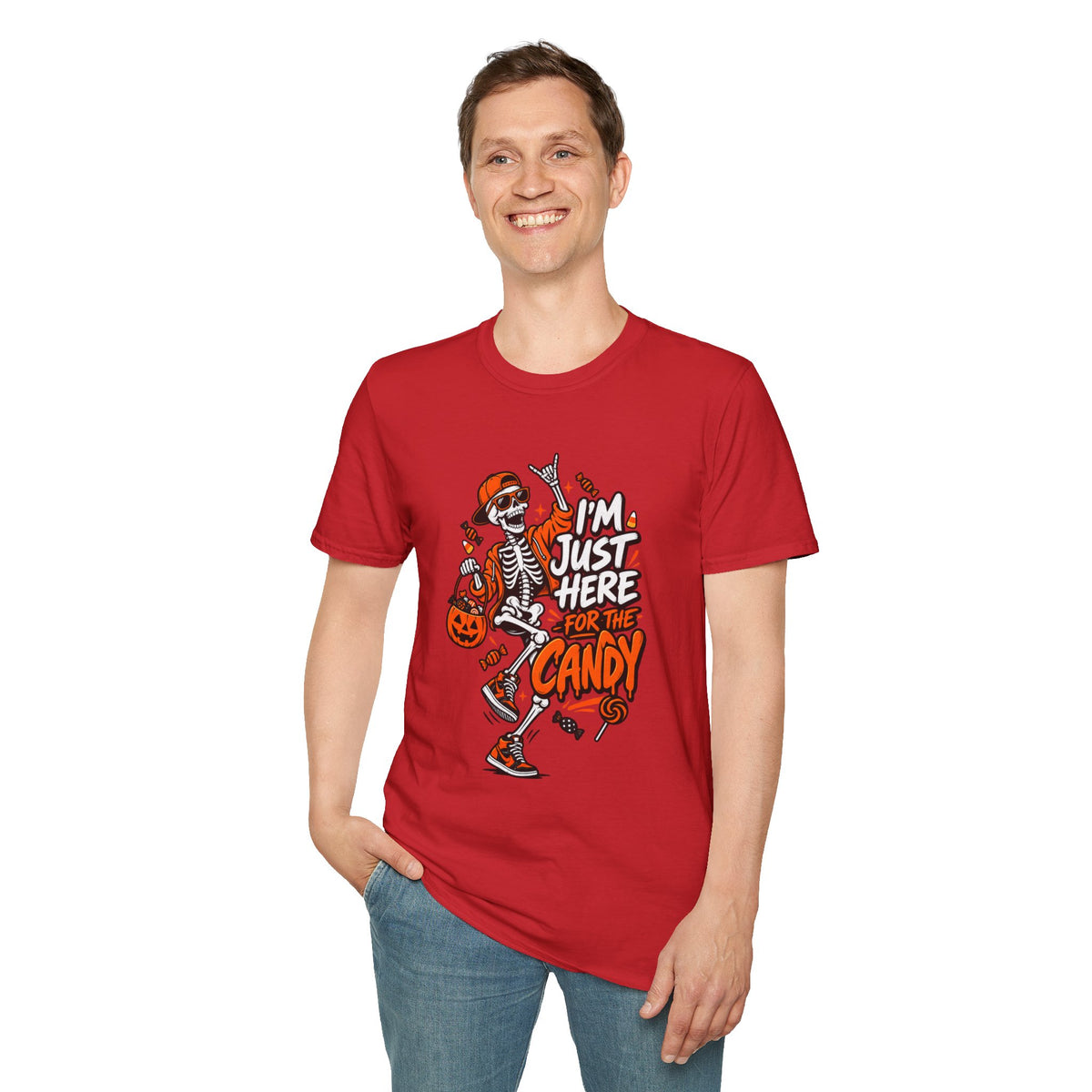 I'm Just Here for the Candy Shirt | Funny Dancing Skeleton Halloween Tee | Dark Humor Graphic T-Shirt