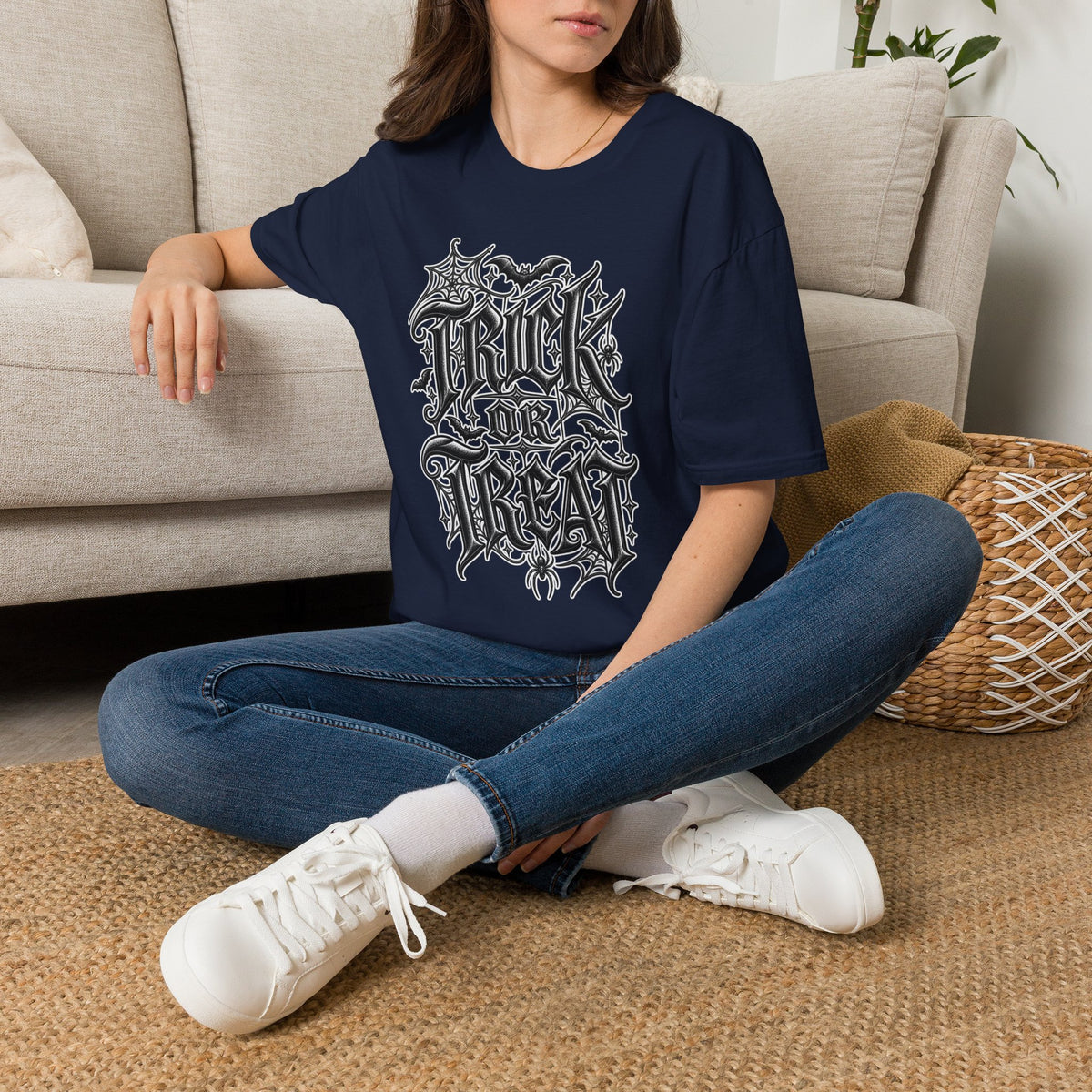 Funny Trick or Treat Gothic Blackletter Shirt | Edgy Spider Web Typography Tee | Minimalist Halloween T-Shirt
