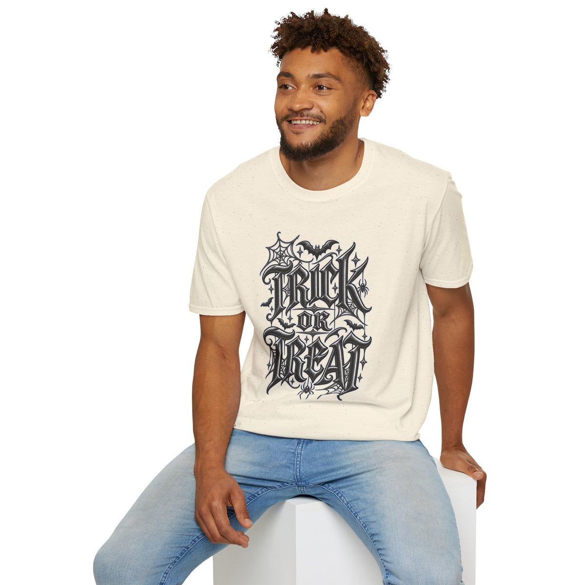 Funny Trick or Treat Gothic Blackletter Shirt | Edgy Spider Web Typography Tee | Minimalist Halloween T-Shirt
