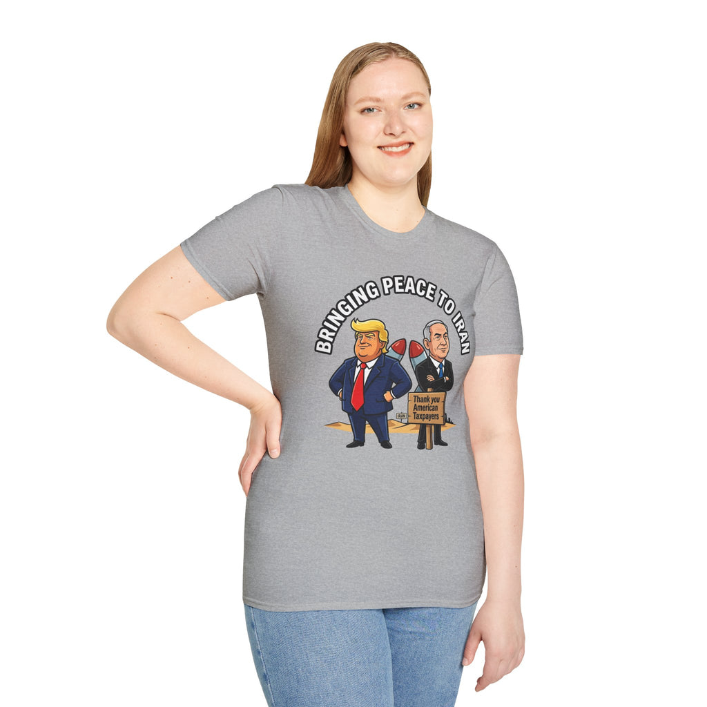 Trump T-Shirt Benjamin Netanyahu Iran War Satiric Mens Unisex Softstyle T-Shirt