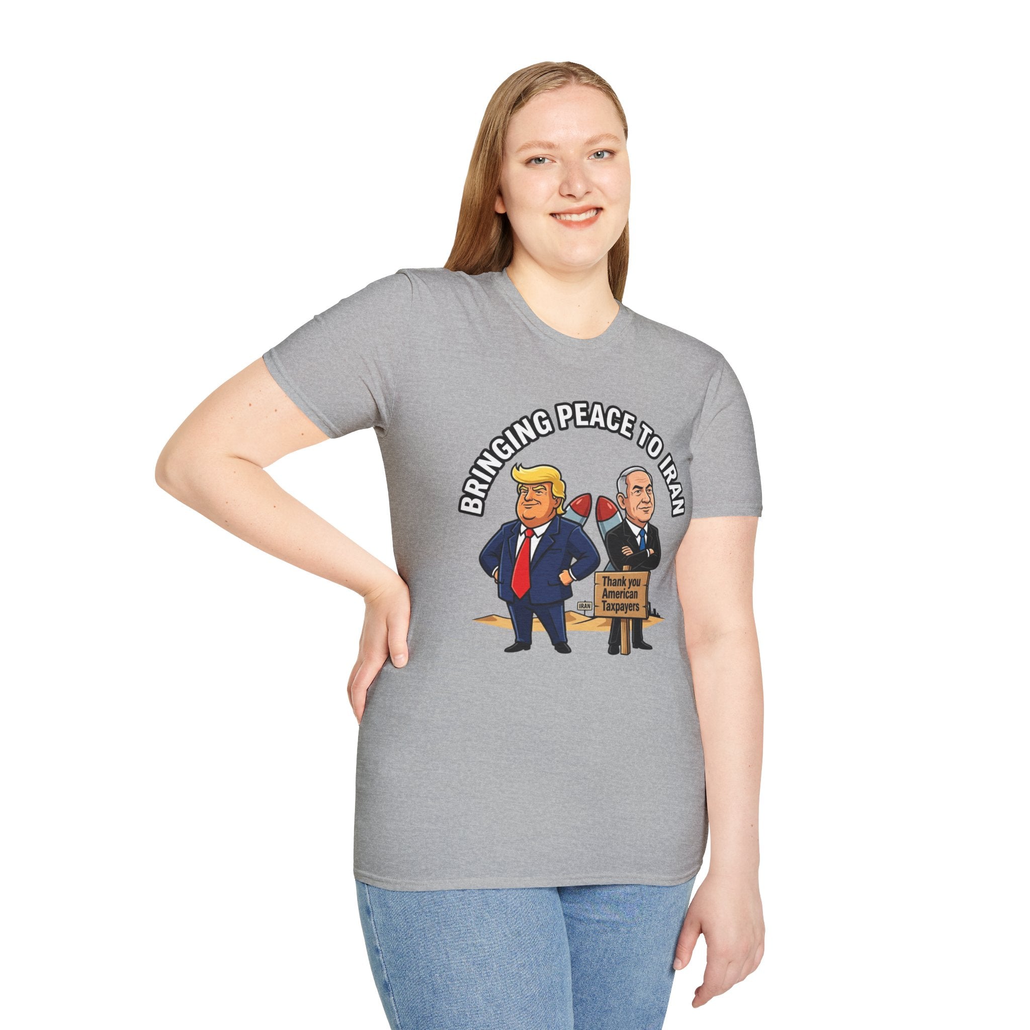 Trump T-Shirt Benjamin Netanyahu Iran War Satiric Mens Unisex Softstyle T-Shirt