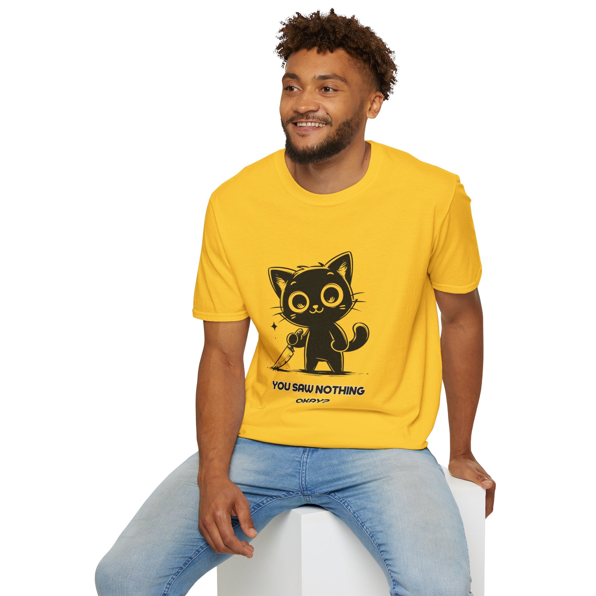 Women's and Men's Funny Cat T-shirt you saw nothing cat with bloody knife Halloween tee Soft Unisex Tshirt Gift for Her
