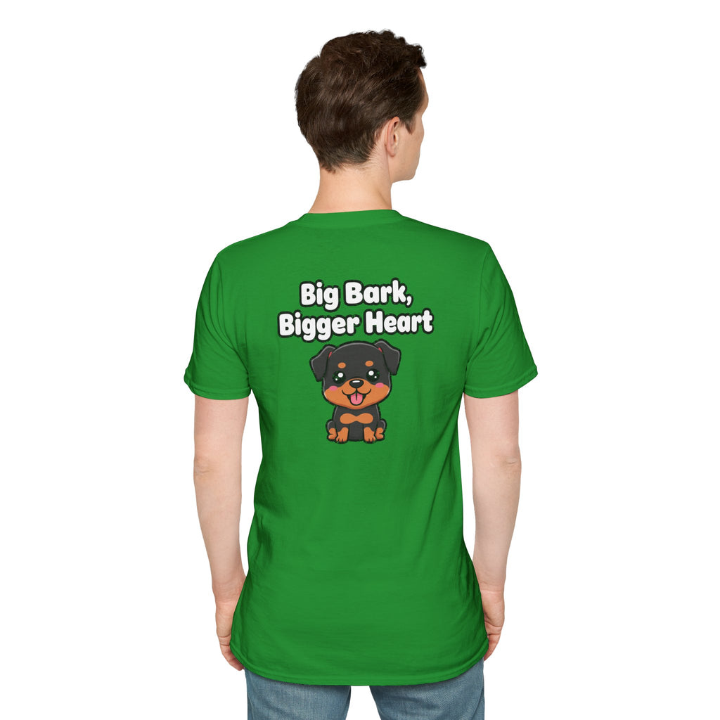 Cute Rottweiler Shirt Big Bark, Bigger Heart Funny Dog Lover Unisex Softstyle Tee Gift