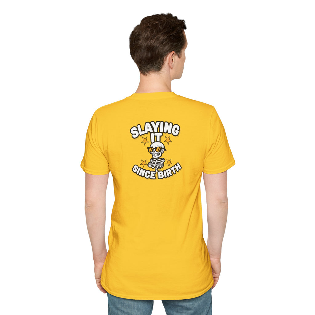 Dark Humor Halloween Shirt Slaying It Since Birth Funny Skeleton Sarcastic Unisex Softstyle Tee Adult Halloween Gift