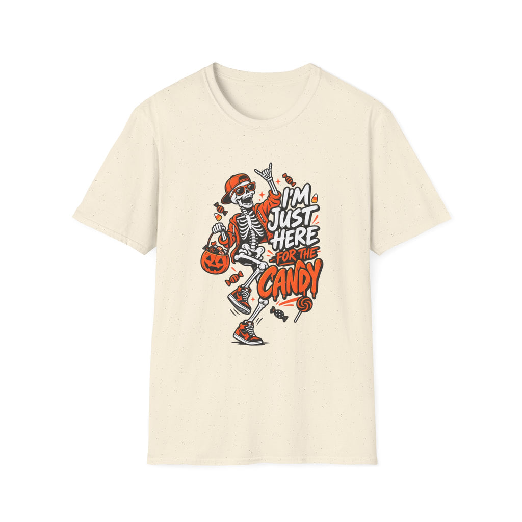 I'm Just Here for the Candy Shirt | Funny Dancing Skeleton Halloween Tee | Dark Humor Graphic T-Shirt
