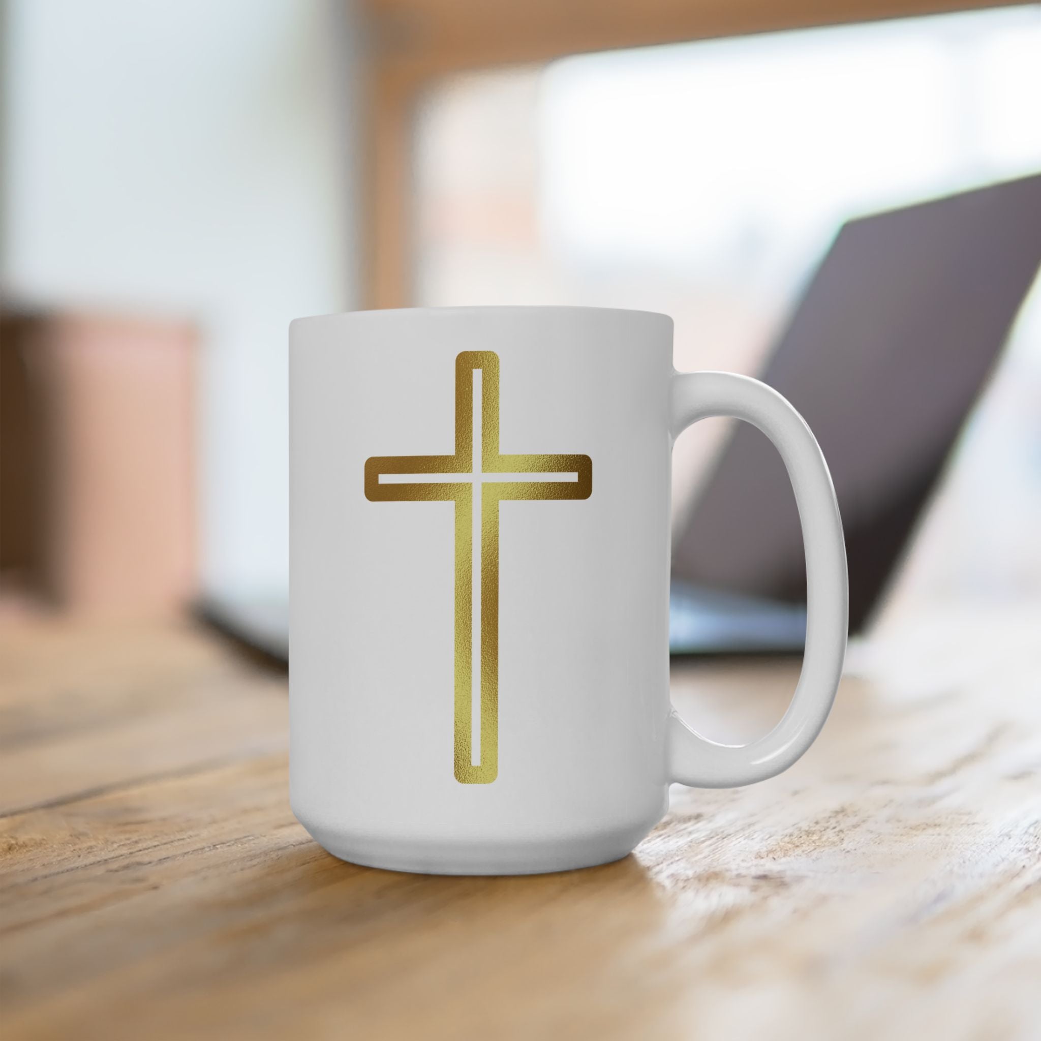 Golden Jesus Cross Christianity Coffee Tea Mug Gift Home Anniversary Love 15oz
