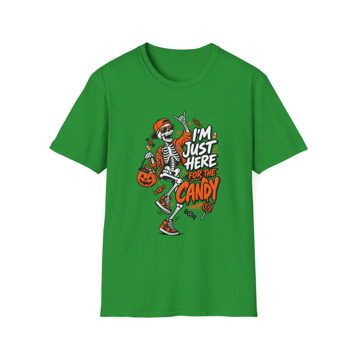 I'm Just Here for the Candy Shirt | Funny Dancing Skeleton Halloween Tee | Dark Humor Graphic T-Shirt