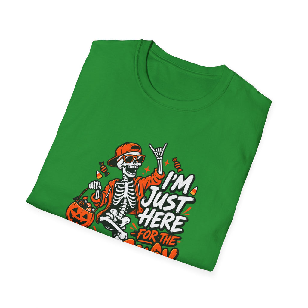 I'm Just Here for the Candy Shirt | Funny Dancing Skeleton Halloween Tee | Dark Humor Graphic T-Shirt