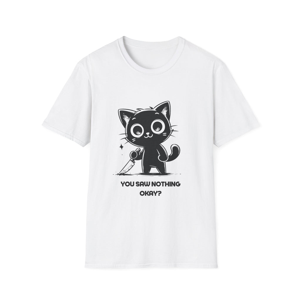 Women's and Men's Funny Cat T-shirt you saw nothing cat with bloody knife Halloween tee Soft Unisex Tshirt Gift for Her