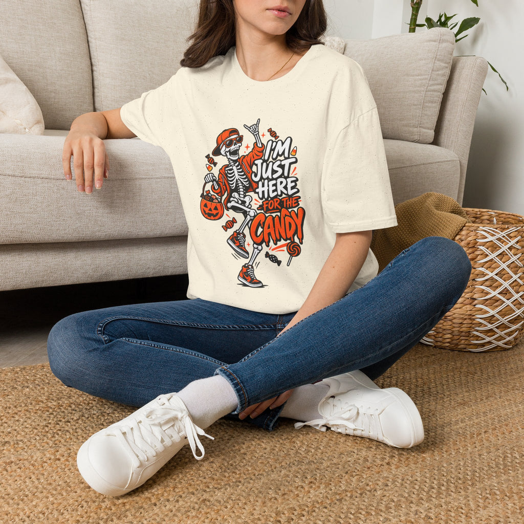 I'm Just Here for the Candy Shirt | Funny Dancing Skeleton Halloween Tee | Dark Humor Graphic T-Shirt