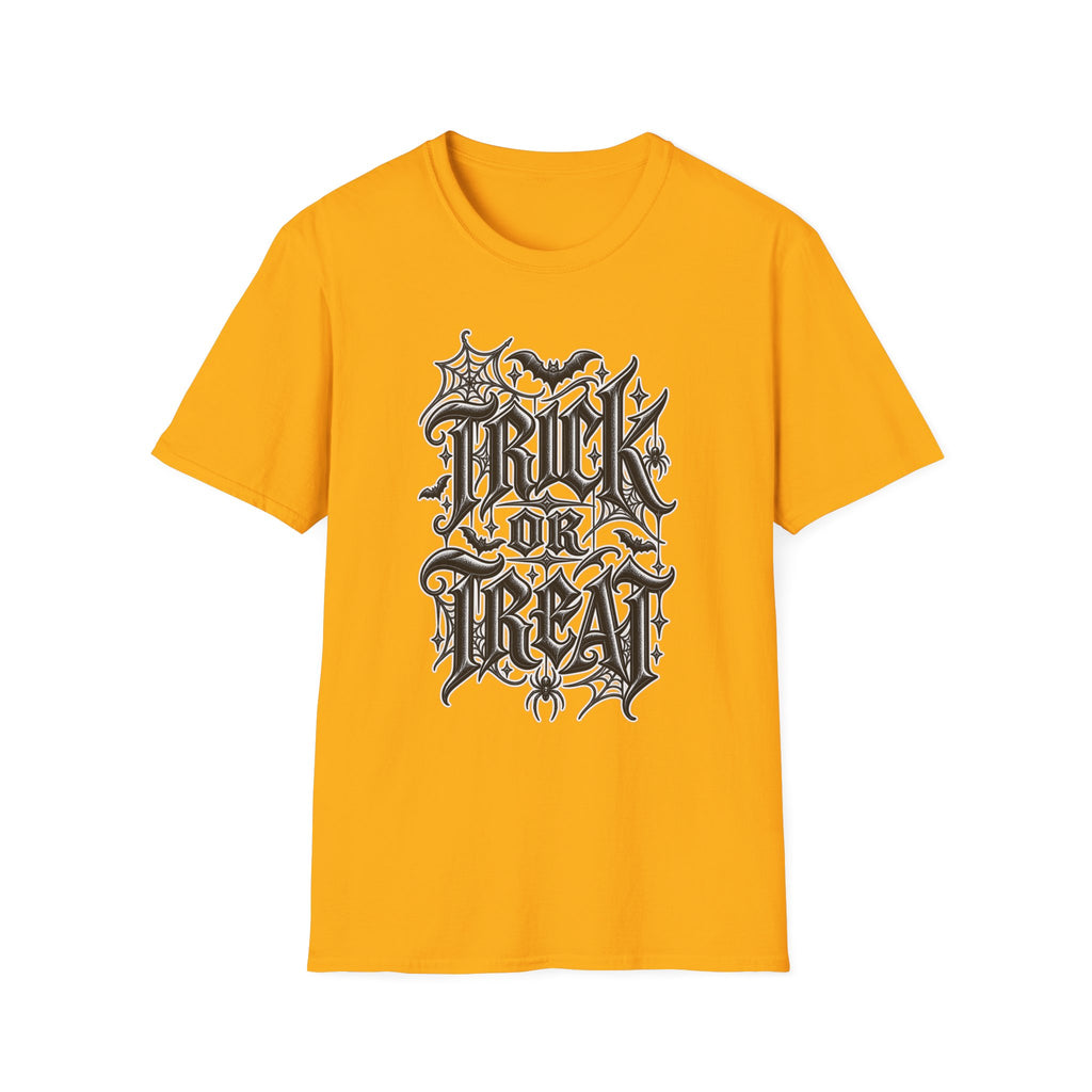 Funny Trick or Treat Gothic Blackletter Shirt | Edgy Spider Web Typography Tee | Minimalist Halloween T-Shirt