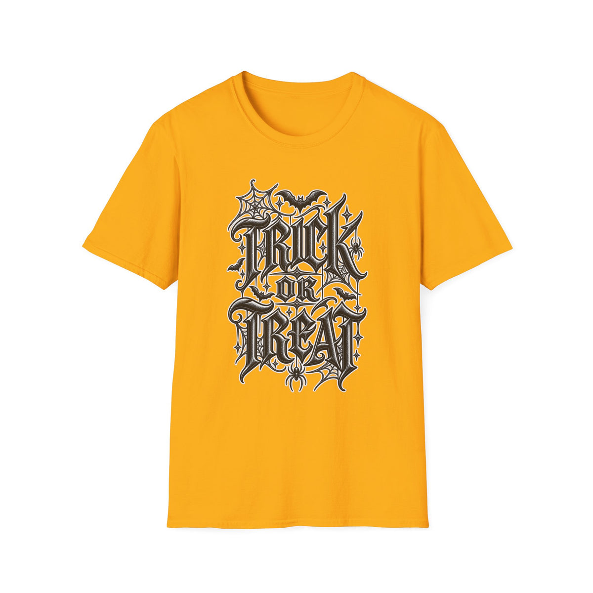 Funny Trick or Treat Gothic Blackletter Shirt | Edgy Spider Web Typography Tee | Minimalist Halloween T-Shirt