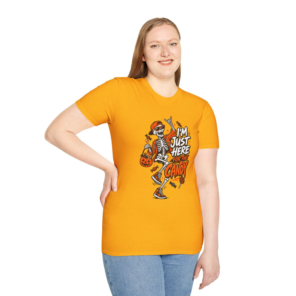 I'm Just Here for the Candy Shirt | Funny Dancing Skeleton Halloween Tee | Dark Humor Graphic T-Shirt