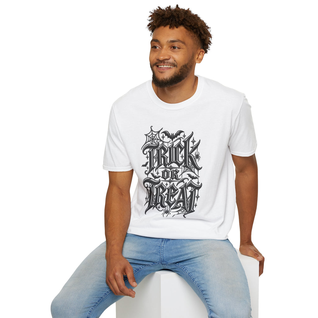 Funny Trick or Treat Gothic Blackletter Shirt | Edgy Spider Web Typography Tee | Minimalist Halloween T-Shirt