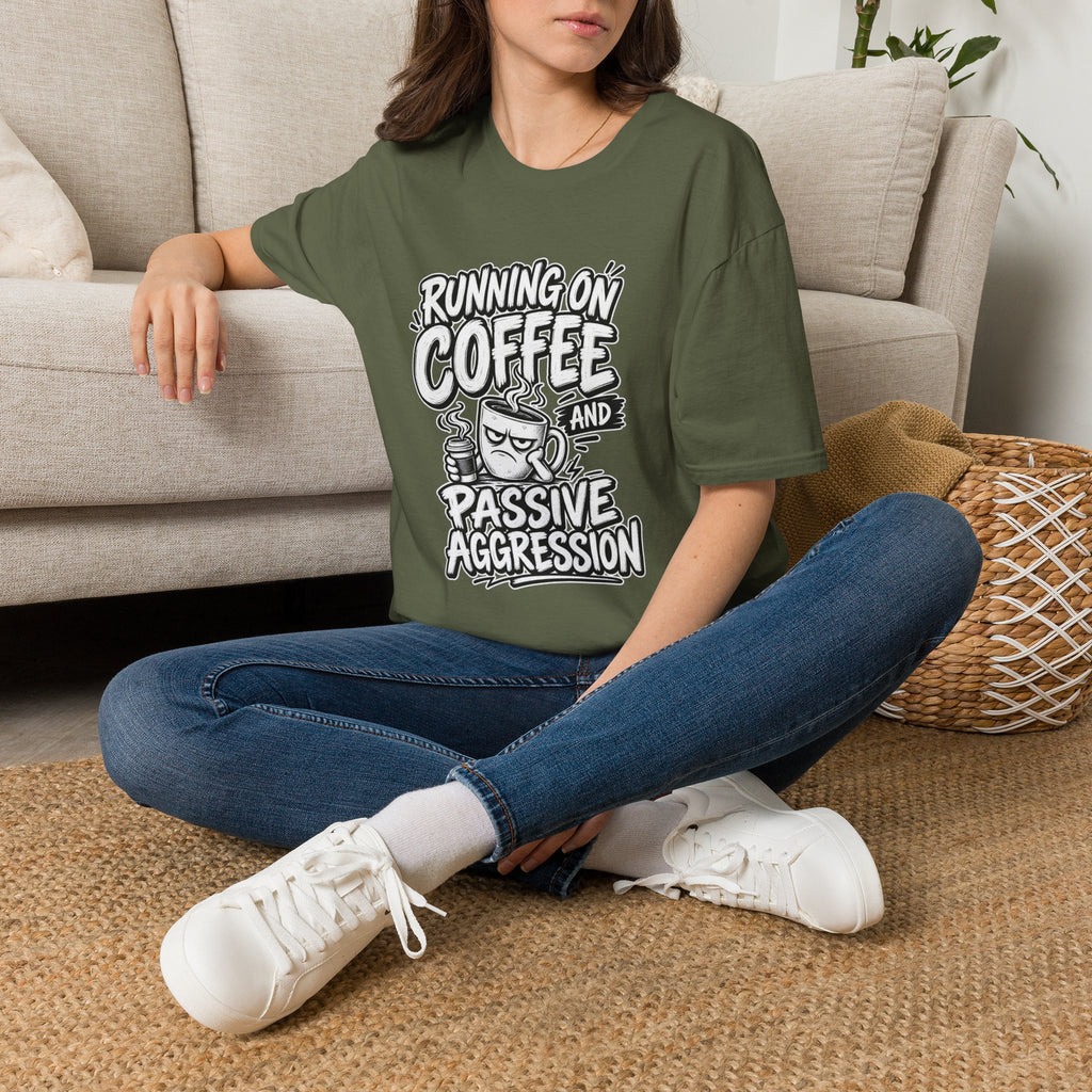 Funny Dark Humor Tshirt — Funny Office Tshirt Dark Humor Graphic Tee Unique Coworker Gift  RUNNING ON COFFEE AND PASSIVE AGGRESSION Shirt