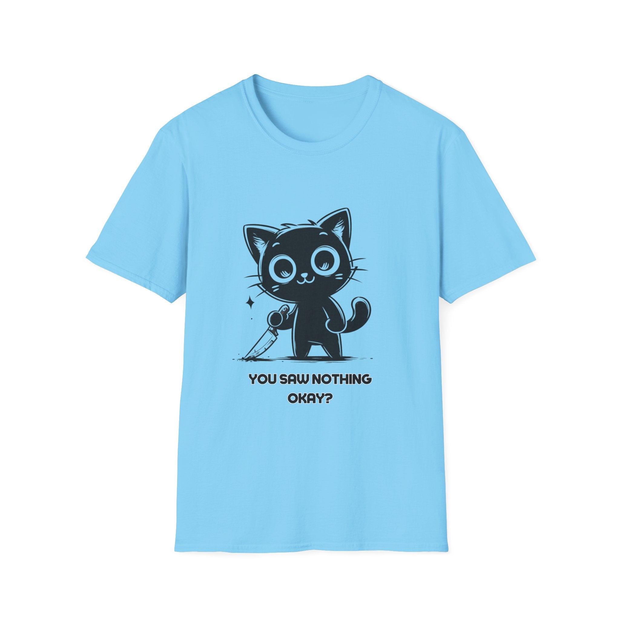 Women's and Men's Funny Cat T-shirt you saw nothing cat with bloody knife Halloween tee Soft Unisex Tshirt Gift for Her