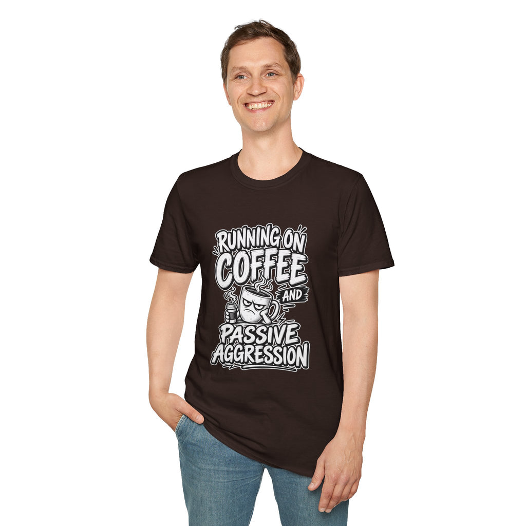 Funny Dark Humor Tshirt — Funny Office Tshirt Dark Humor Graphic Tee Unique Coworker Gift  RUNNING ON COFFEE AND PASSIVE AGGRESSION Shirt