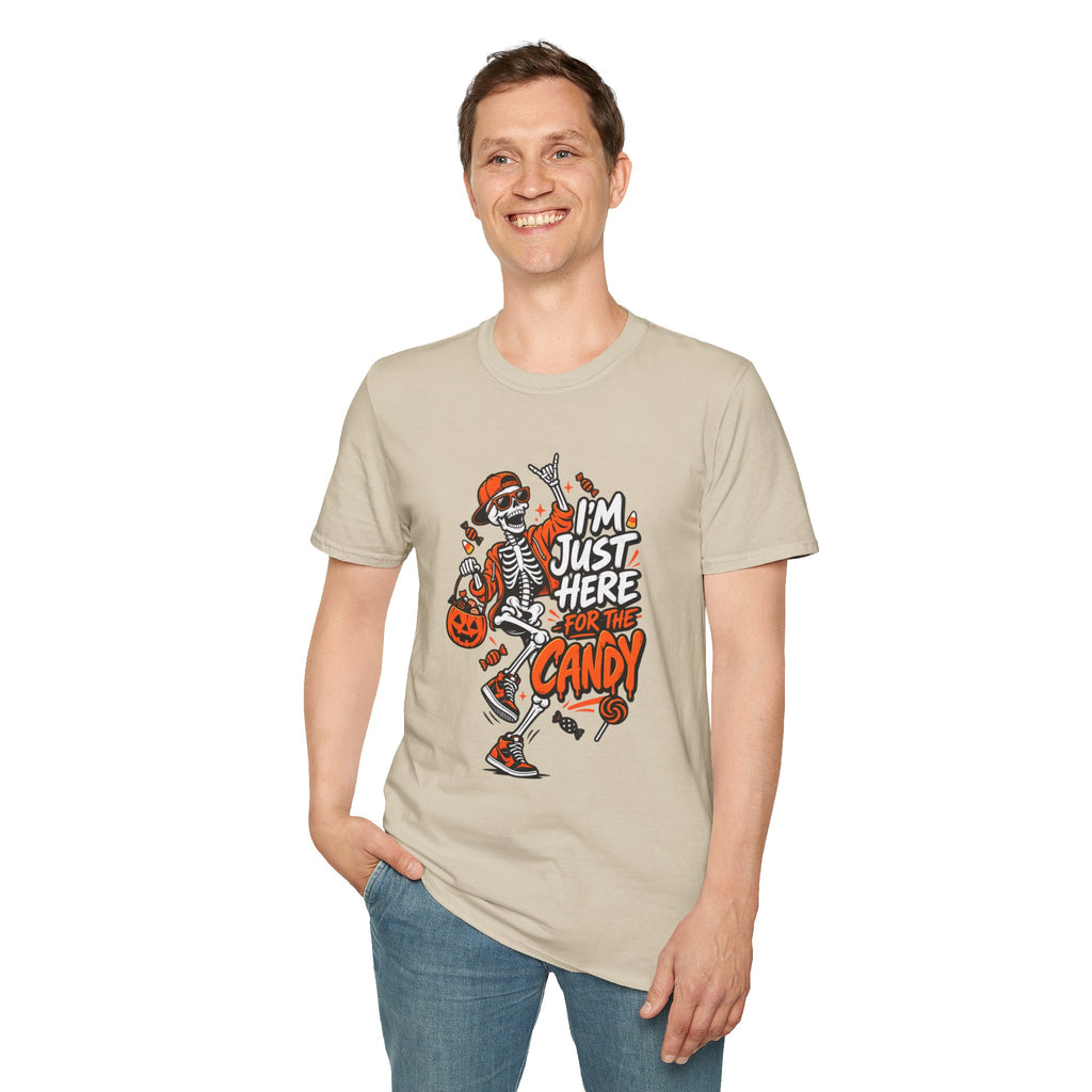 I'm Just Here for the Candy Shirt | Funny Dancing Skeleton Halloween Tee | Dark Humor Graphic T-Shirt