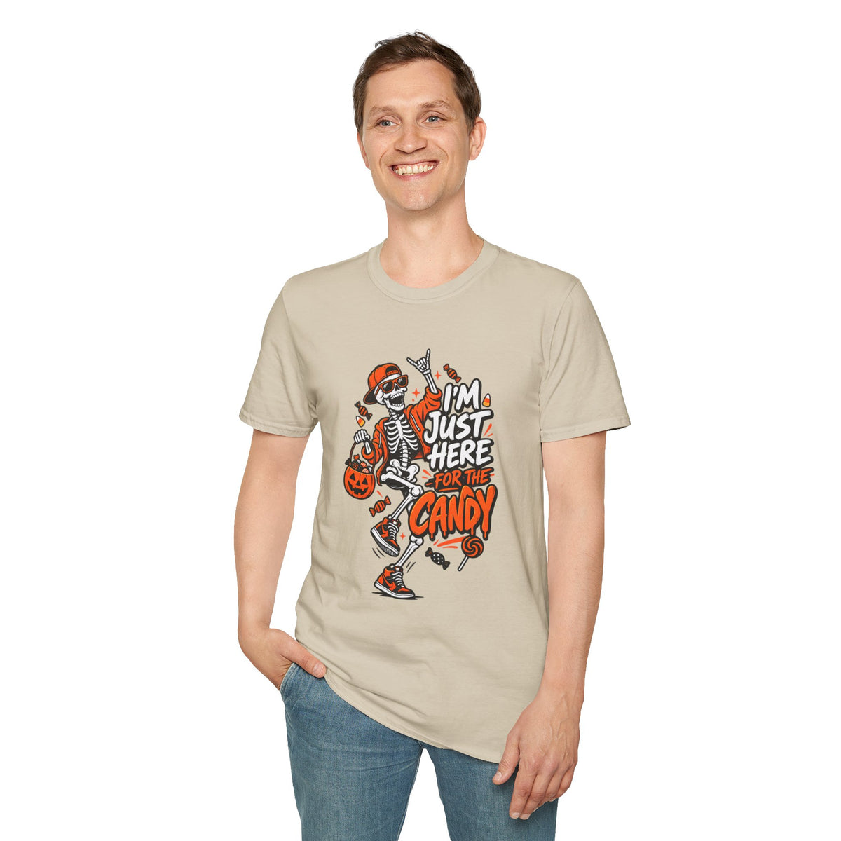 I'm Just Here for the Candy Shirt | Funny Dancing Skeleton Halloween Tee | Dark Humor Graphic T-Shirt