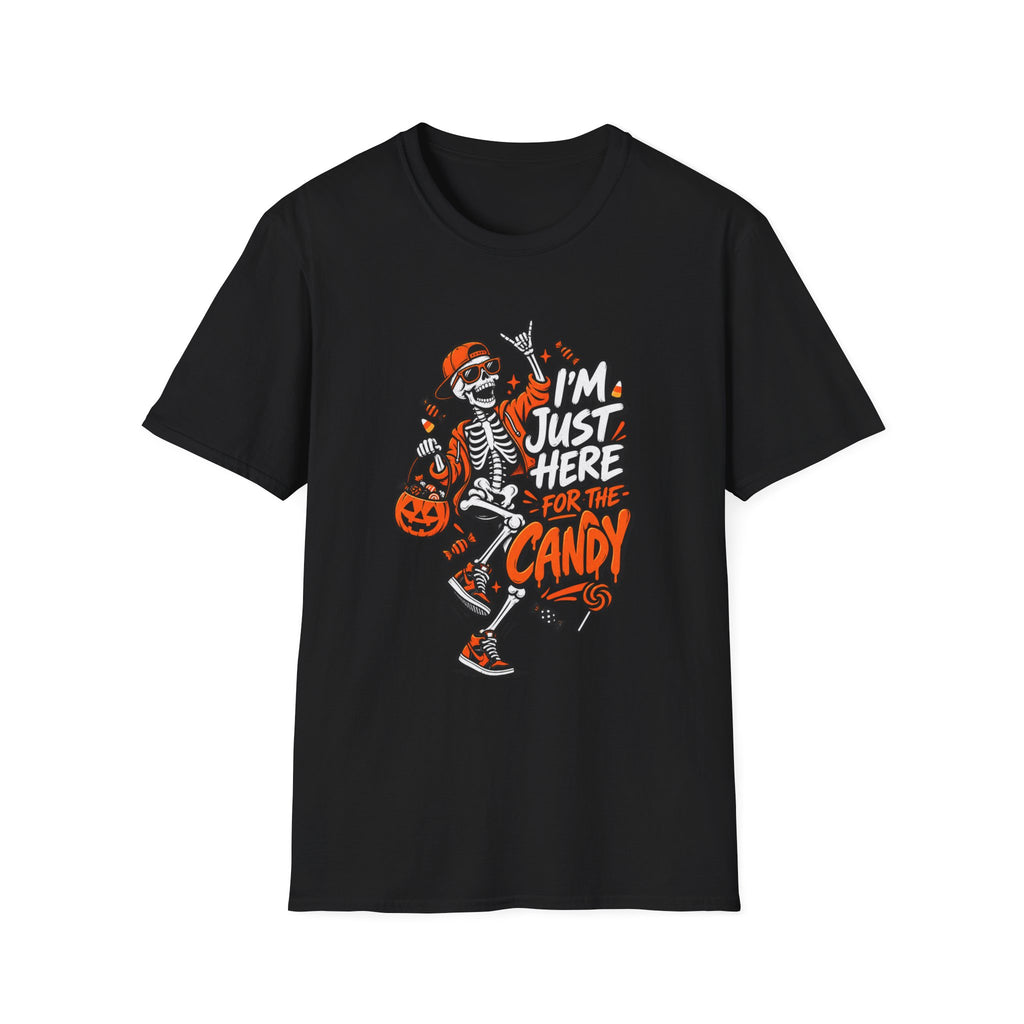 I'm Just Here for the Candy Shirt | Funny Dancing Skeleton Halloween Tee | Dark Humor Graphic T-Shirt