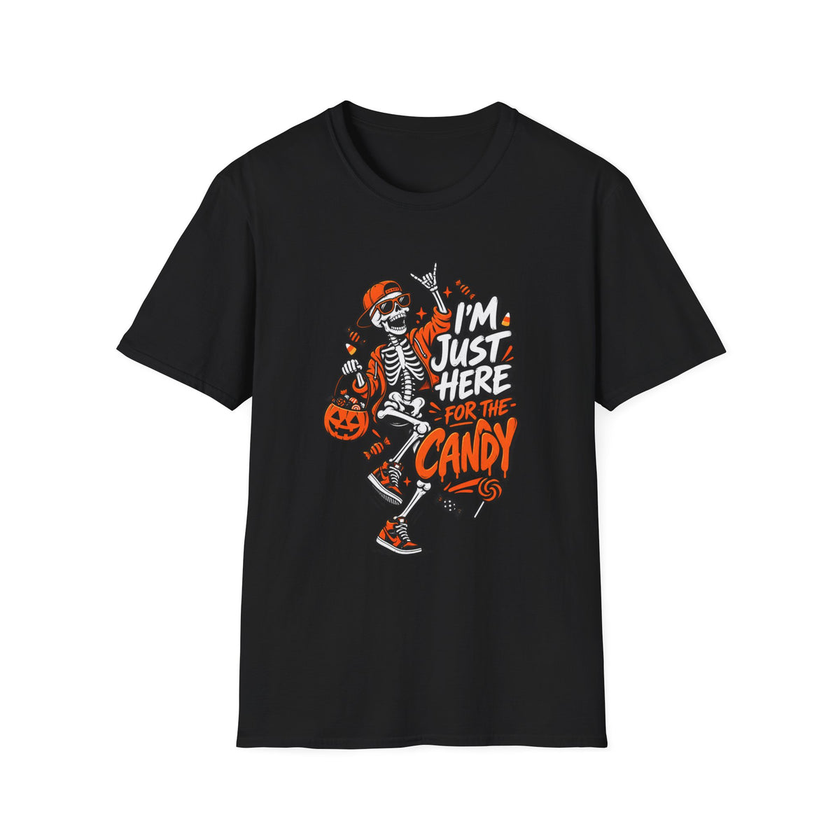 I'm Just Here for the Candy Shirt | Funny Dancing Skeleton Halloween Tee | Dark Humor Graphic T-Shirt