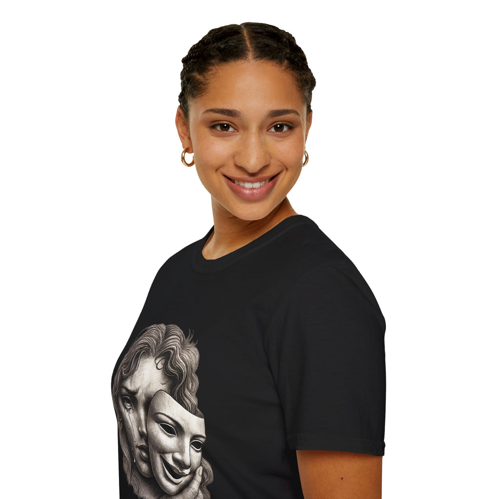 Crying Woman Mask Art T-Shirt | Hidden Emotions Sketch Graphic Tee Unisex Unisex Softstyle T-Shirt