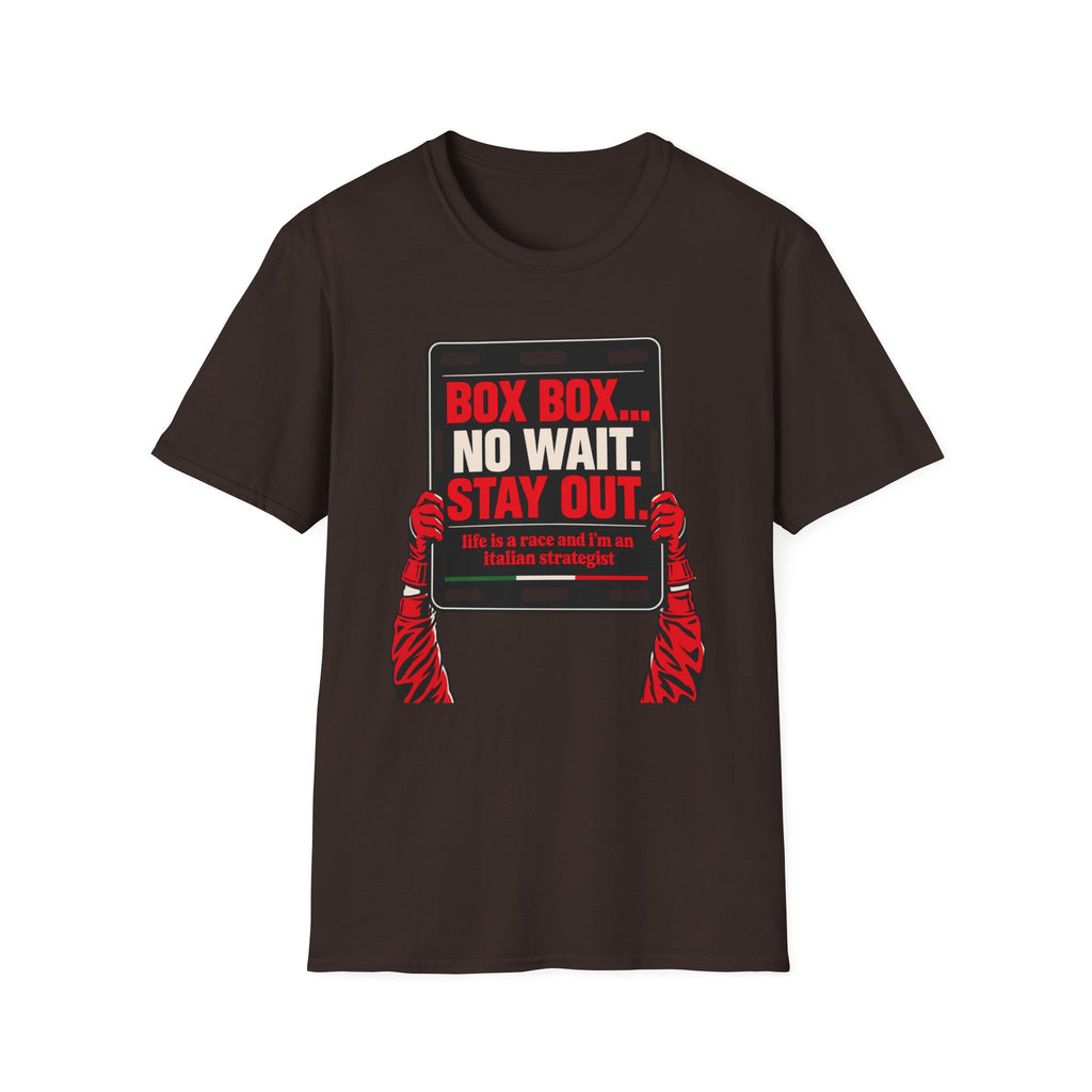 Funny Racing T-Shirt Box Box No Wait Stay Out Italian Strategist Motorsport Fan Shirt Unisex Softstyle Tee Race Day Gift