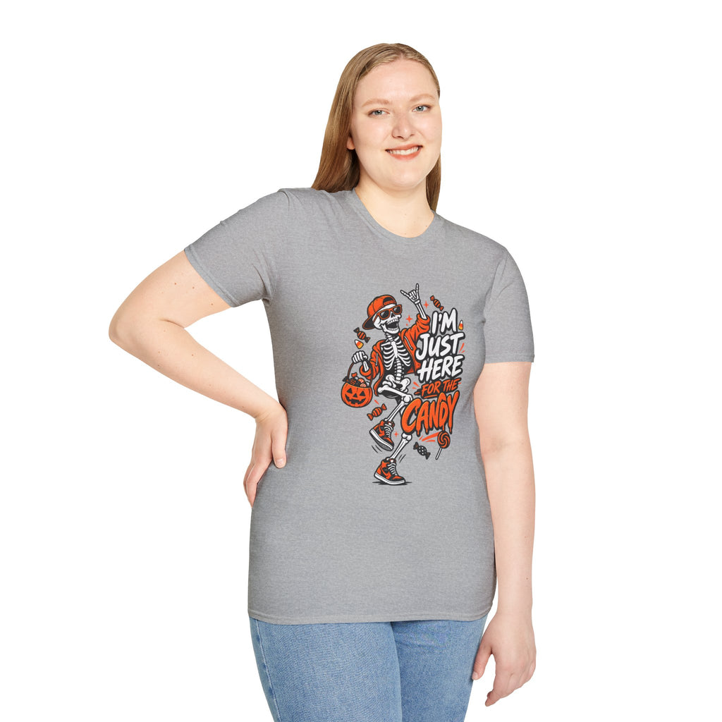 I'm Just Here for the Candy Shirt | Funny Dancing Skeleton Halloween Tee | Dark Humor Graphic T-Shirt
