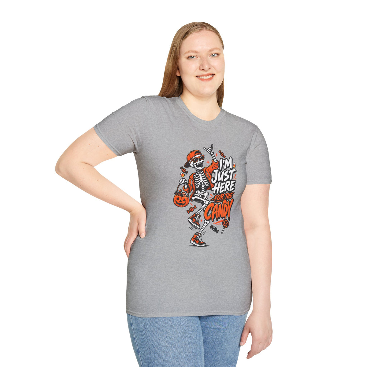 I'm Just Here for the Candy Shirt | Funny Dancing Skeleton Halloween Tee | Dark Humor Graphic T-Shirt