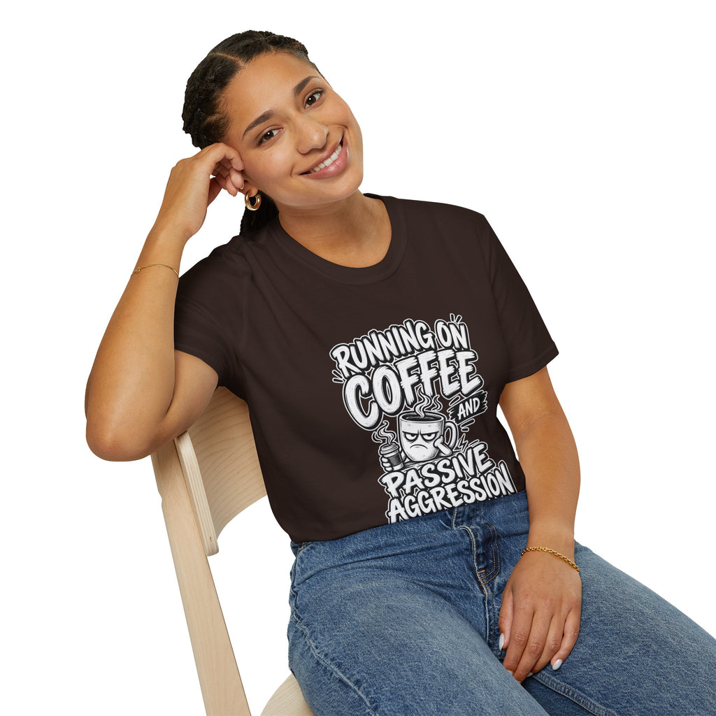 Funny Dark Humor Tshirt — Funny Office Tshirt Dark Humor Graphic Tee Unique Coworker Gift  RUNNING ON COFFEE AND PASSIVE AGGRESSION Shirt