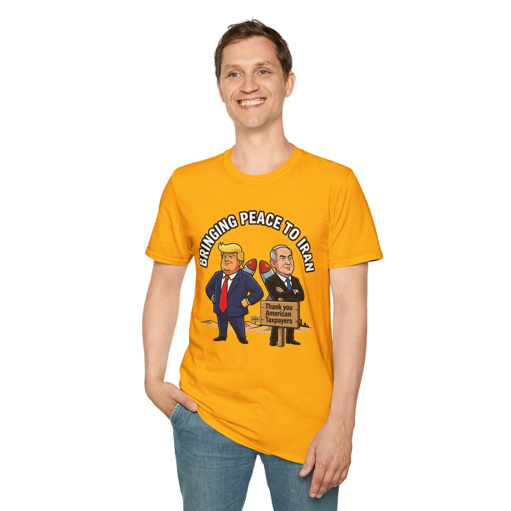 Trump T-Shirt Benjamin Netanyahu Iran War Satiric Mens Unisex Softstyle T-Shirt