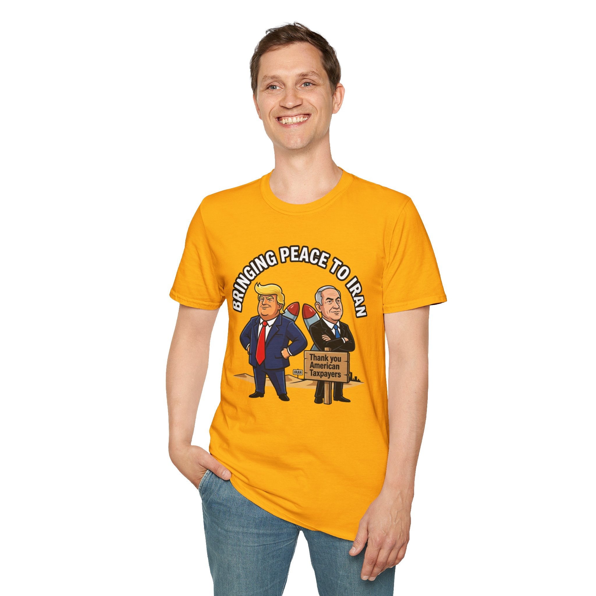 Trump T-Shirt Benjamin Netanyahu Iran War Satiric Mens Unisex Softstyle T-Shirt