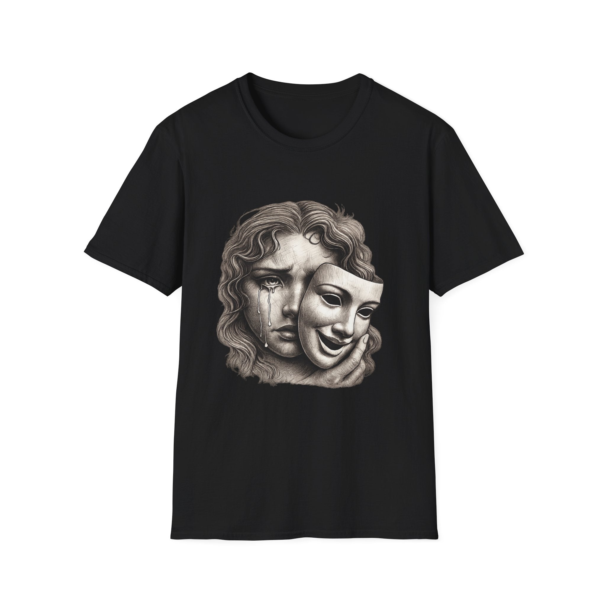 Crying Woman Mask Art T-Shirt | Hidden Emotions Sketch Graphic Tee Unisex Unisex Softstyle T-Shirt