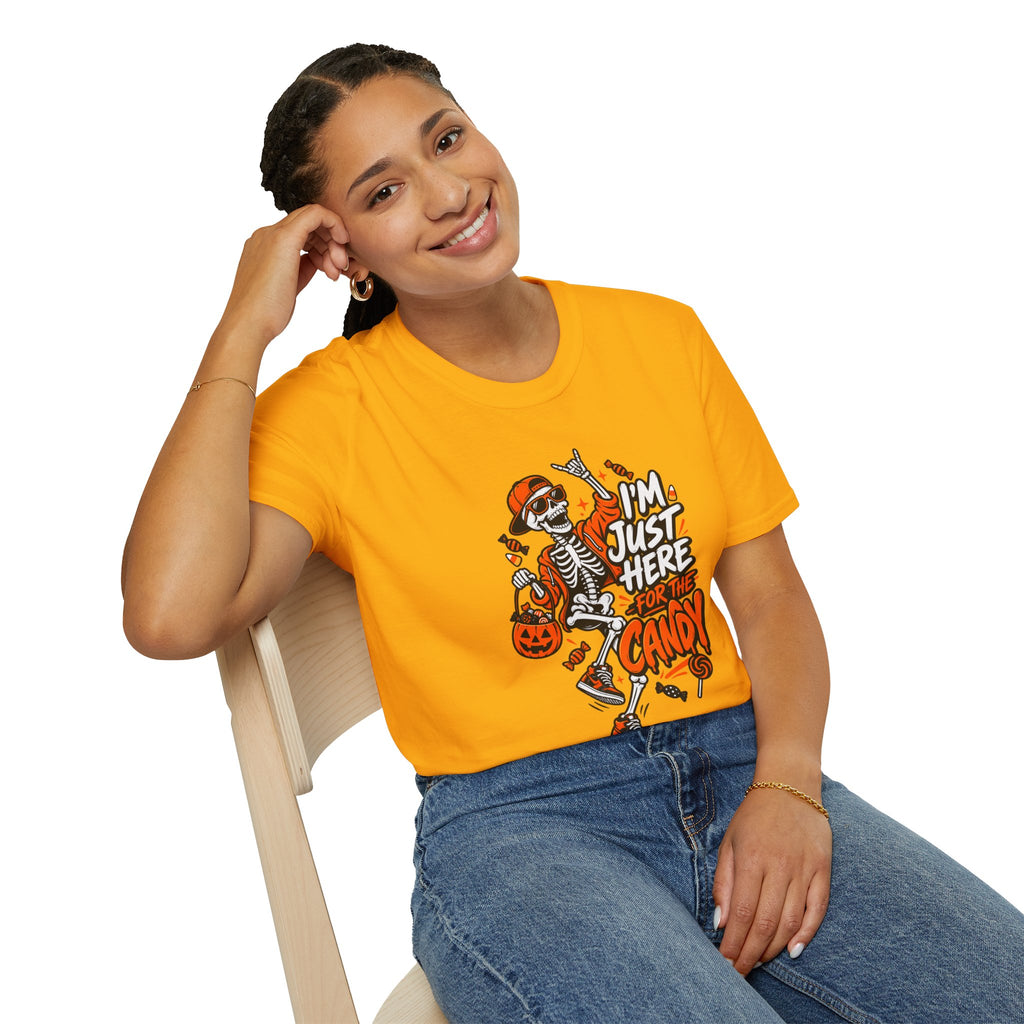 I'm Just Here for the Candy Shirt | Funny Dancing Skeleton Halloween Tee | Dark Humor Graphic T-Shirt