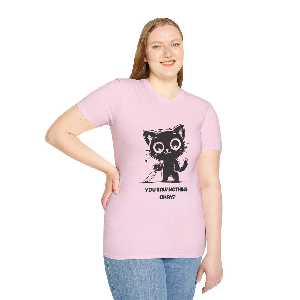 Women's and Men's Funny Cat T-shirt you saw nothing cat with bloody knife Halloween tee Soft Unisex Tshirt Gift for Her
