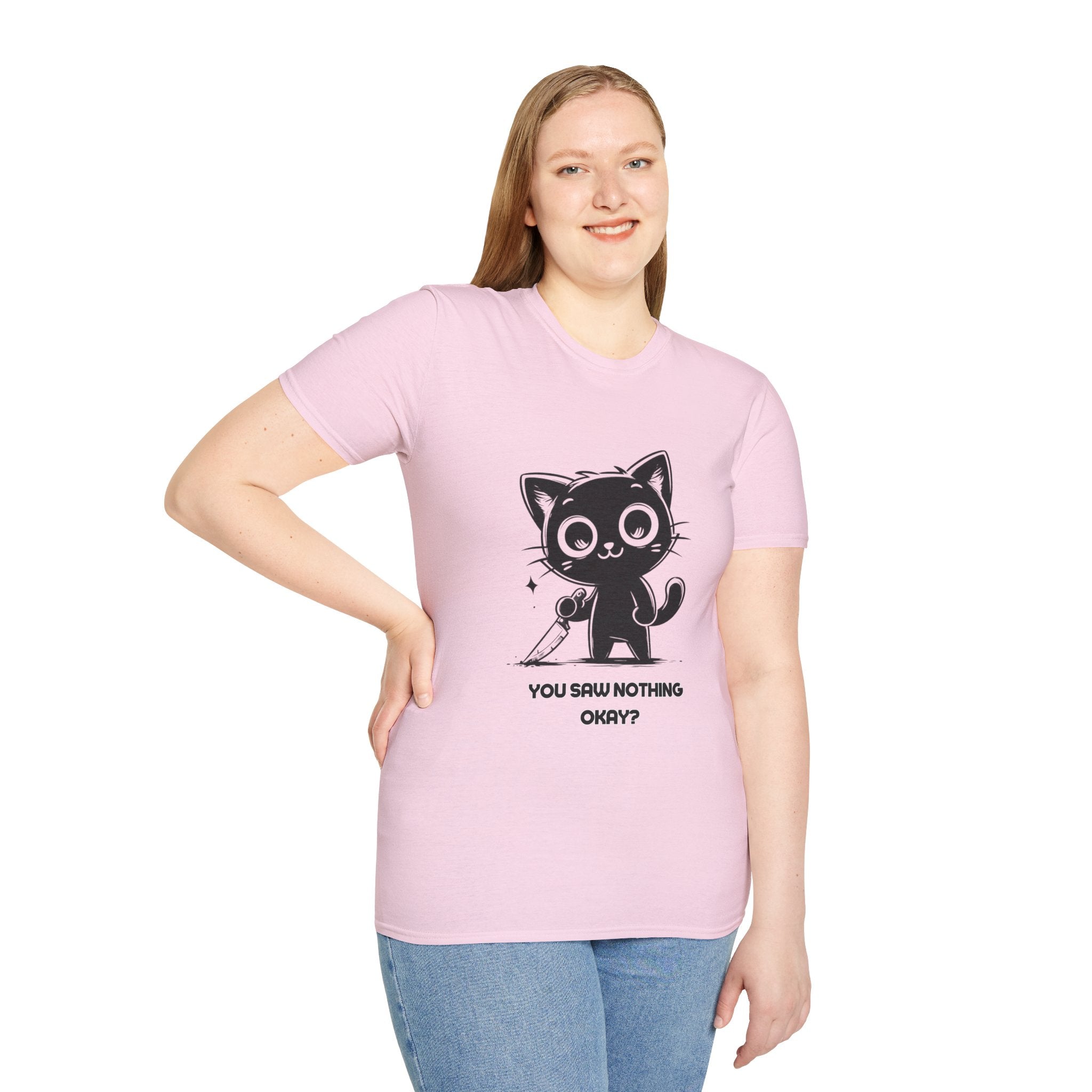 Women's and Men's Funny Cat T-shirt you saw nothing cat with bloody knife Halloween tee Soft Unisex Tshirt Gift for Her