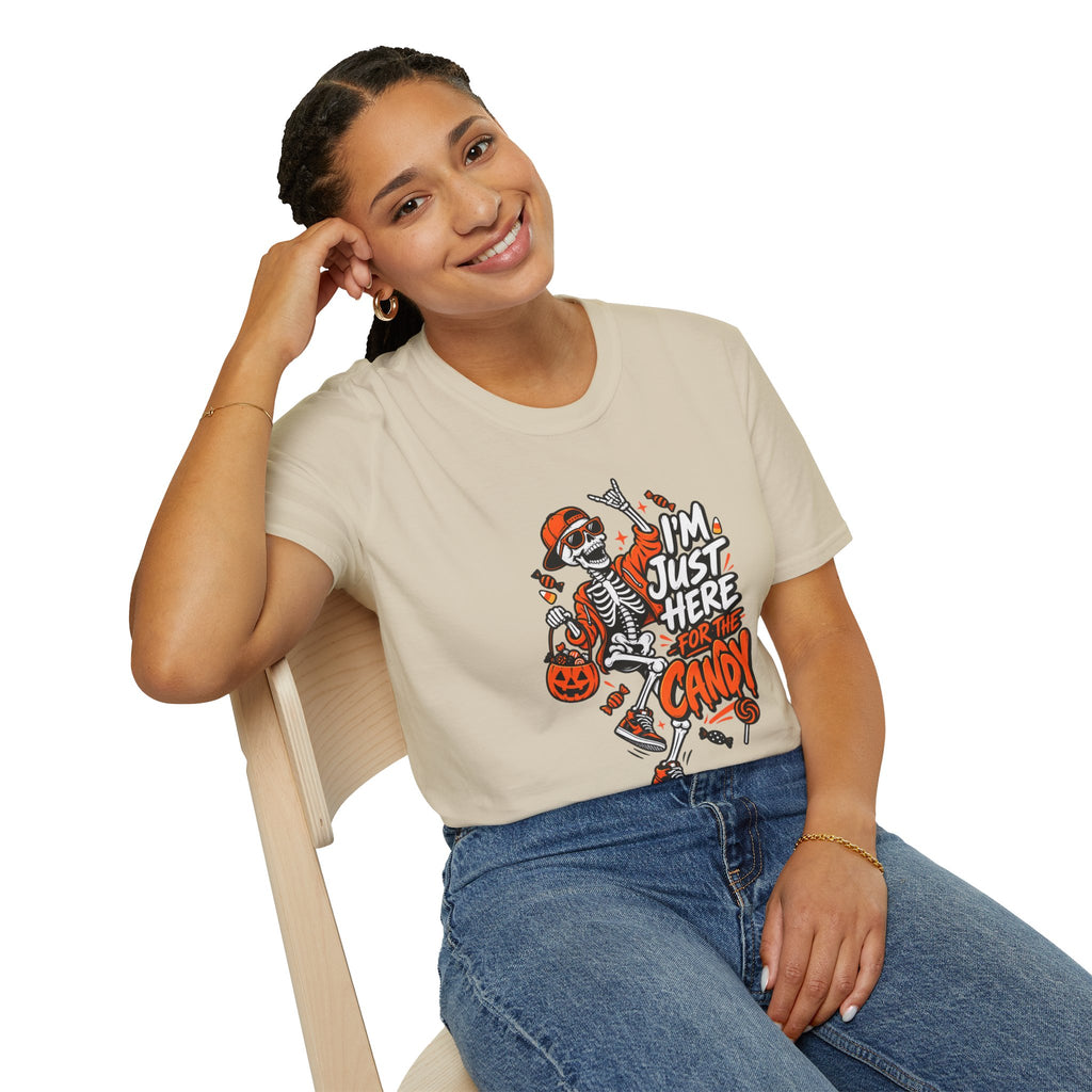 I'm Just Here for the Candy Shirt | Funny Dancing Skeleton Halloween Tee | Dark Humor Graphic T-Shirt