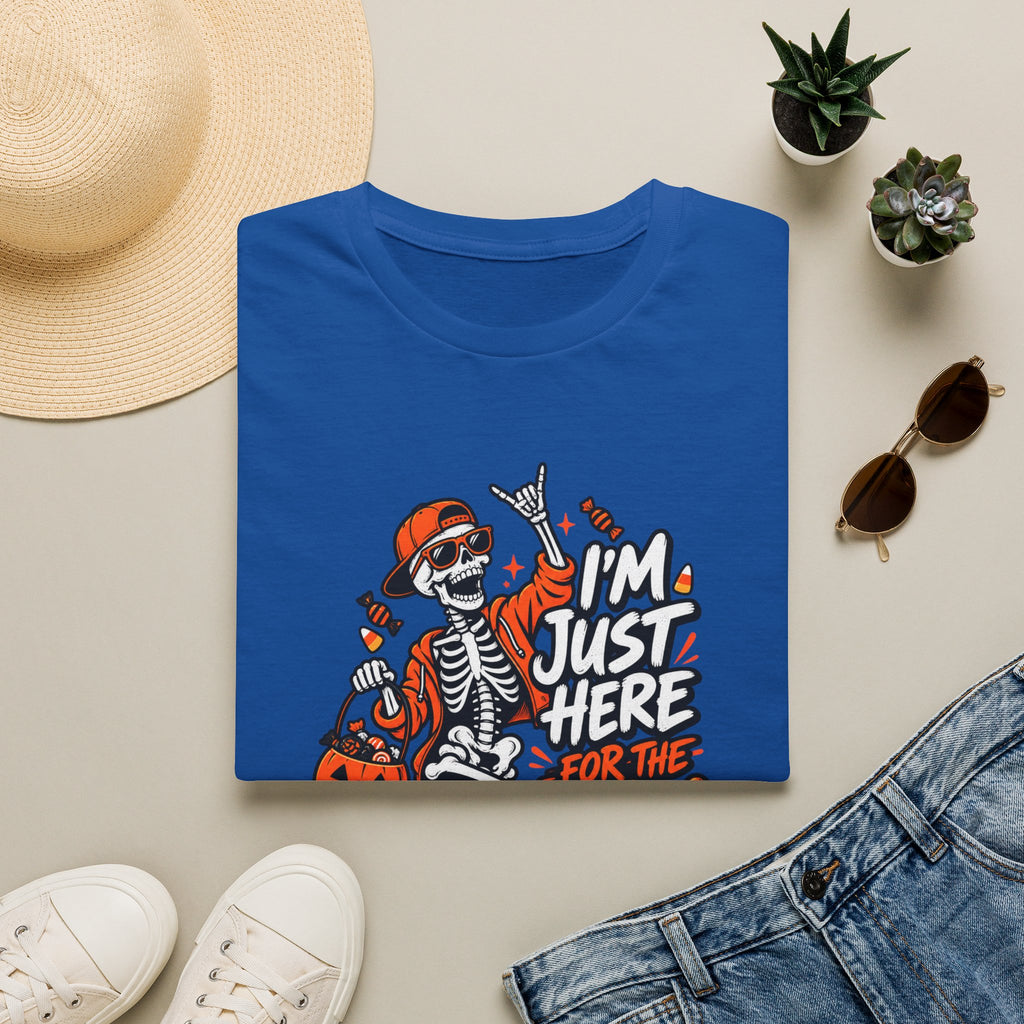 I'm Just Here for the Candy Shirt | Funny Dancing Skeleton Halloween Tee | Dark Humor Graphic T-Shirt
