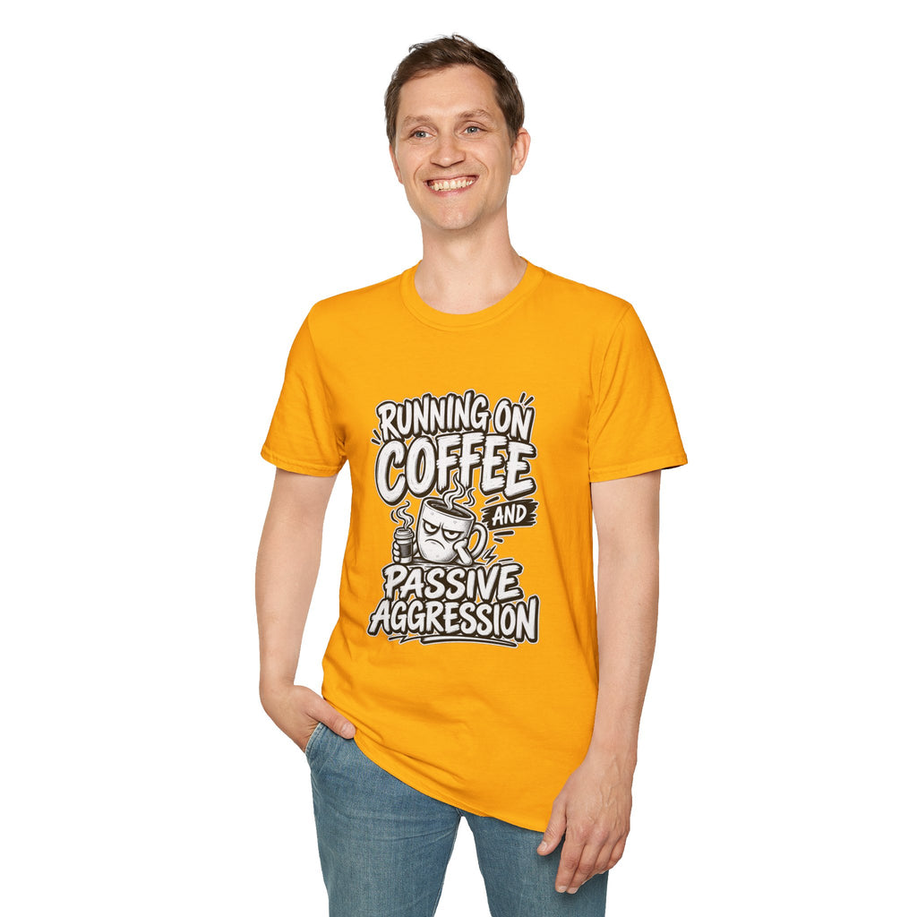 Funny Dark Humor Tshirt — Funny Office Tshirt Dark Humor Graphic Tee Unique Coworker Gift  RUNNING ON COFFEE AND PASSIVE AGGRESSION Shirt