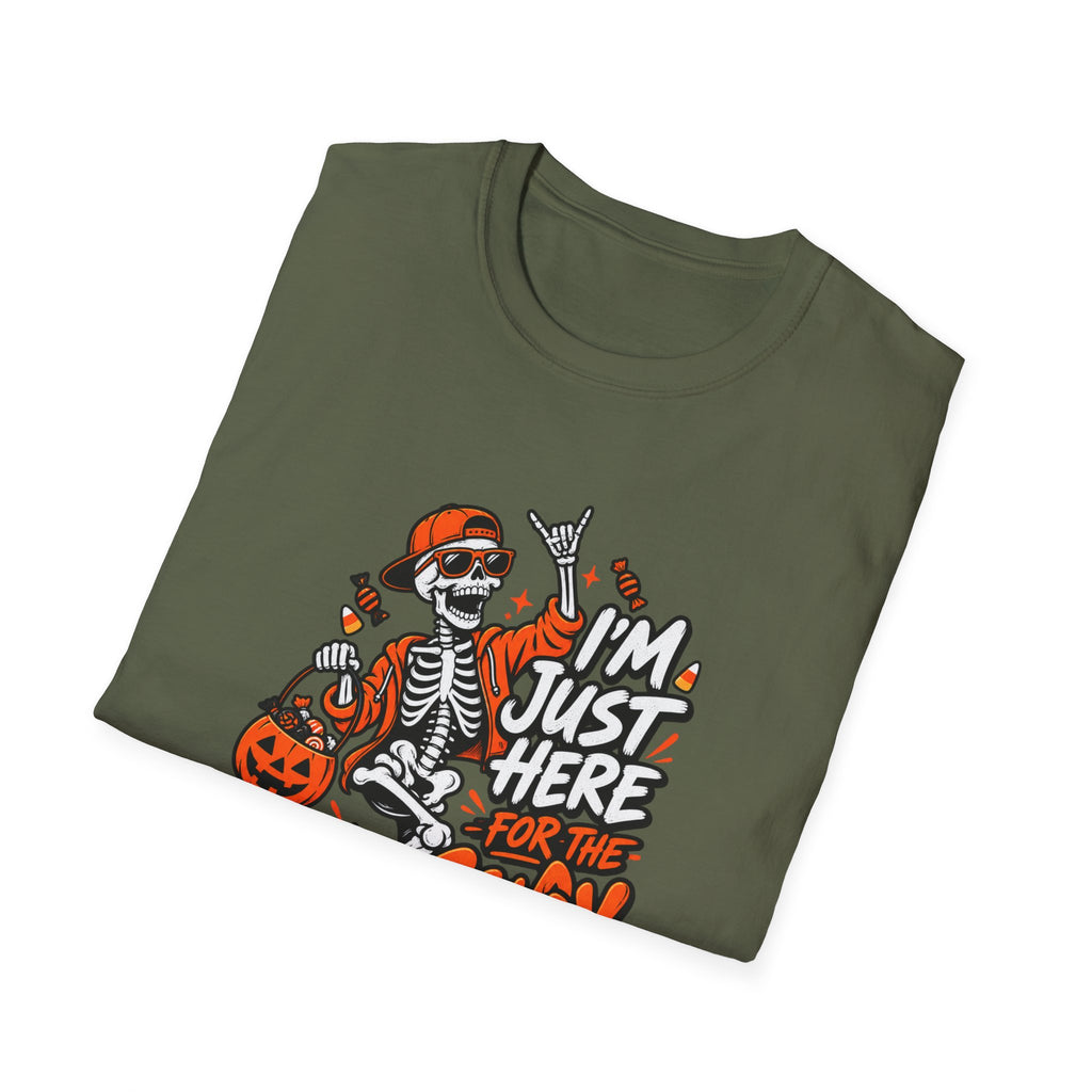 I'm Just Here for the Candy Shirt | Funny Dancing Skeleton Halloween Tee | Dark Humor Graphic T-Shirt